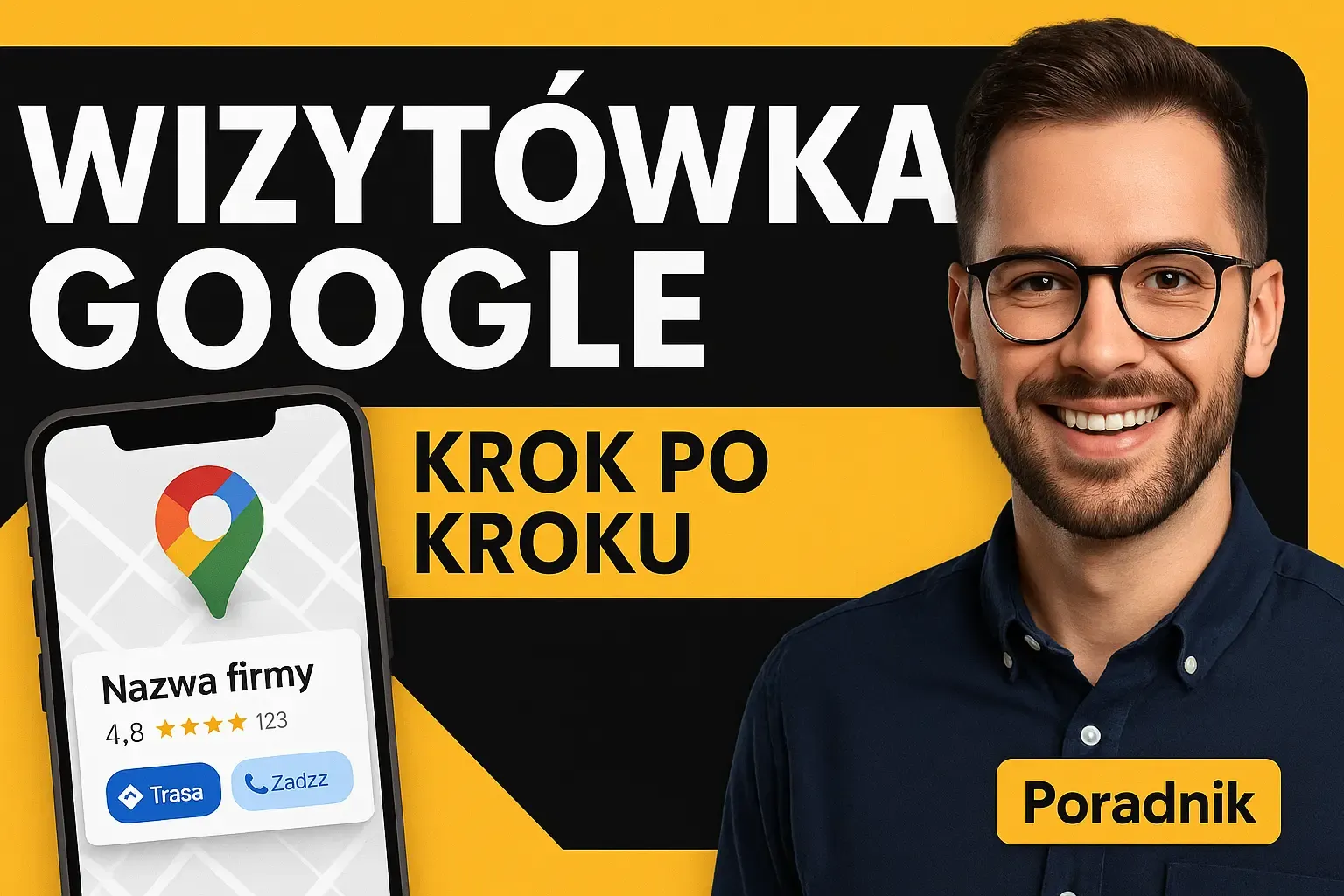 Miniaturkę przedstawiająca telefon z wizytówką google, napisem wizytówka google - krok po kroku